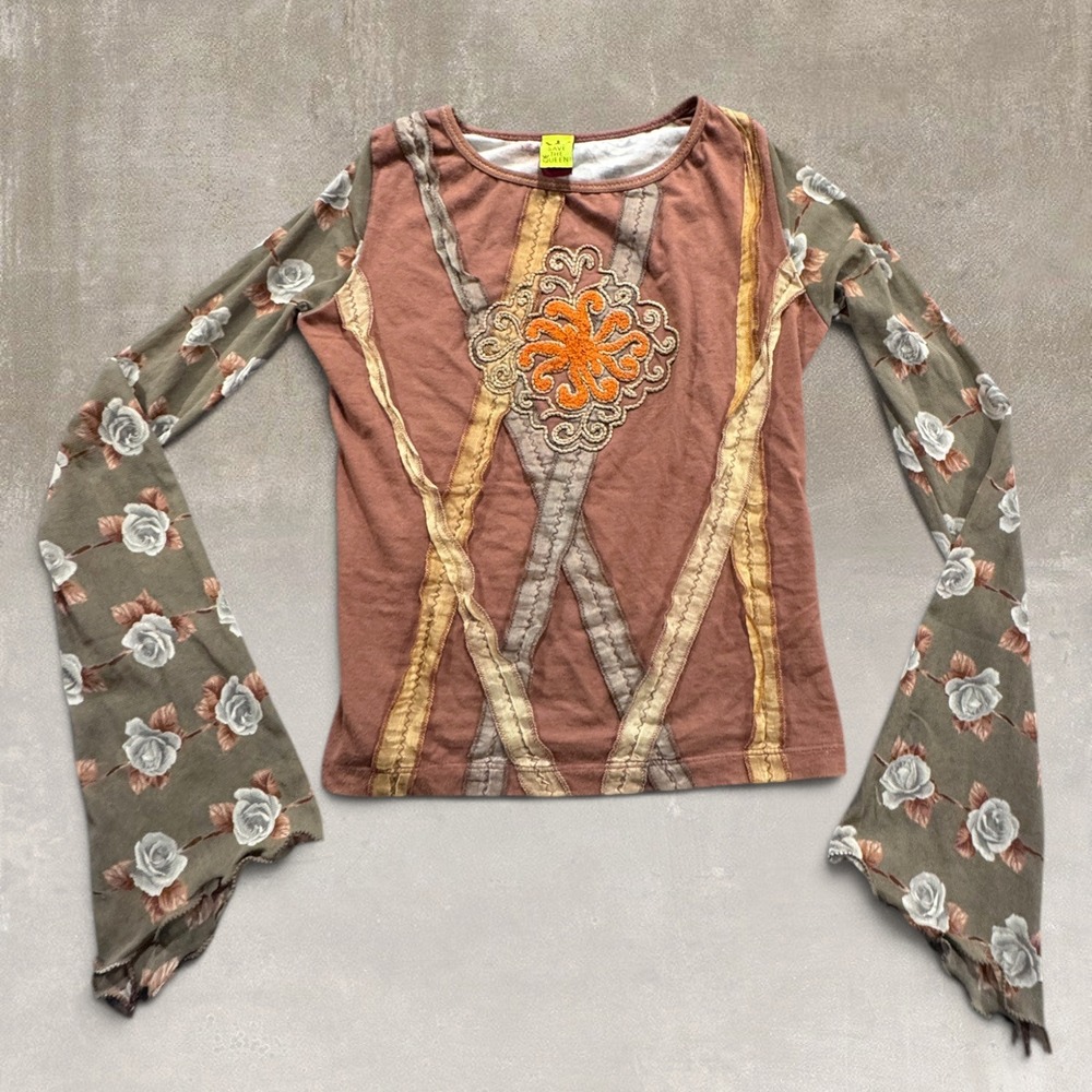 Save The Queen Y2K Floral Embroidered Long Sleeve Top M Fits Small Made in Italy